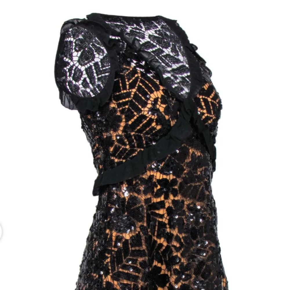 Ruffle Trimmed Sequined Lace Dress In Black - NEW - Picture 6 of 11